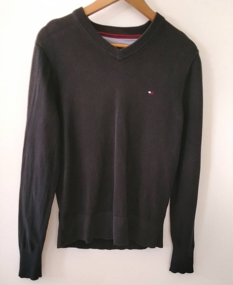 Tommy Hilfiger Men S Pima Cotton V-Neck Sweater Black Long Sleeve Knit Pullover