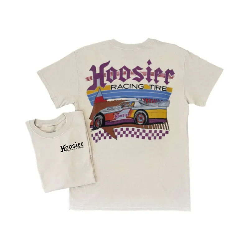 Hoosier Racing Tire T Shirt, Retro Race Car with Bold Checkered Flag Graphic, Vi