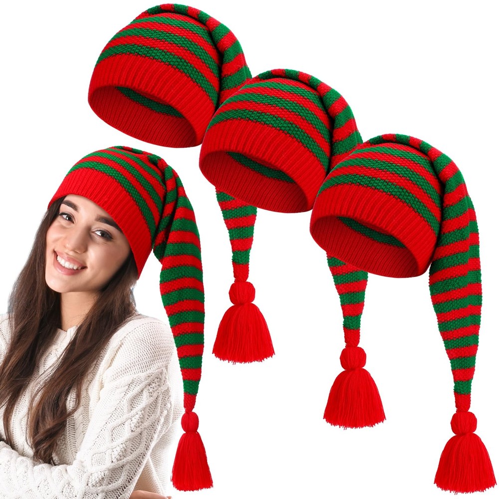 3 Pcs Christmas Knitted Santa Hats Elf Hat Crochet Christmas Beanie Xmas Part…
