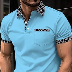 Mens Check Plaid Turn Down Collar T Shirts Tops Golf Pocket Casual Shirts Blouse