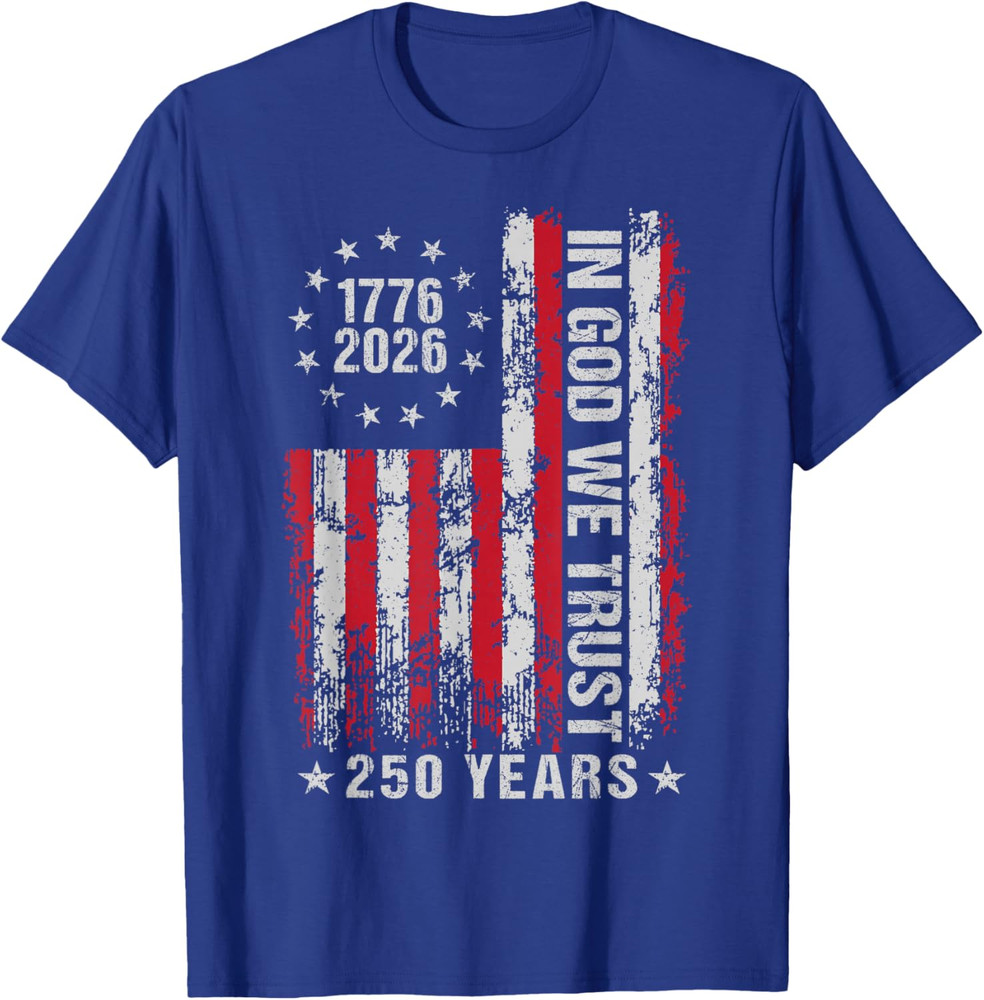 In God We Trust 250 Years Patriotic Freedom USA Flag Vintage T-Shirt