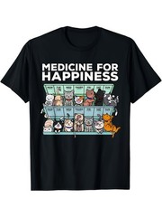 Cute Cat Graphic T-Shirt Medicine for Happiness Funny Cat Lover Tee Casual Shirt