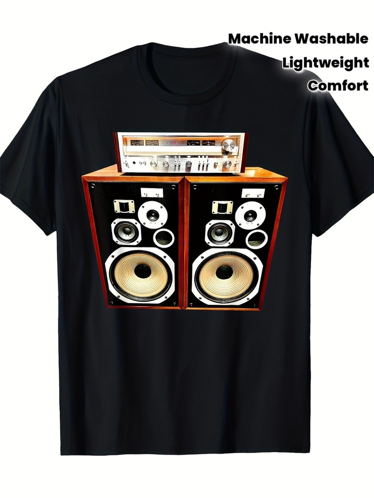 Vintage Stereo Receiver & Speakers Graphic T-Shirt – 100% Cotton, Hi-Fi 220gsm