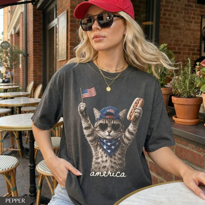 Patriotic Cat Independence Day Graphic T Shirt S-5XL