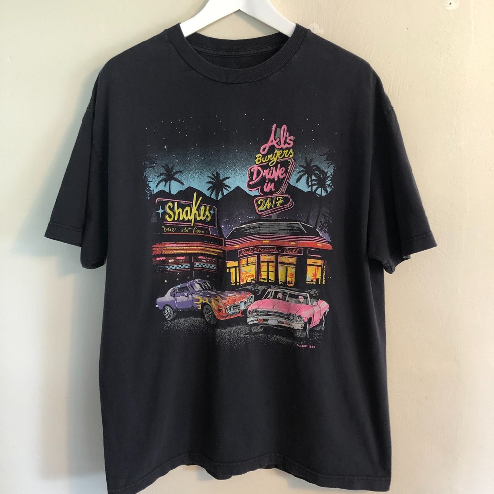 Vintage J. Galt T-Shirt 1984 Hot Rod Als Burgers Drive In Black Graphic Tee Sz L