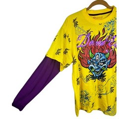 Request T-Shirt Mens Vibrant Yellow Crew Layered Demon Eyes XL Y2K Retro