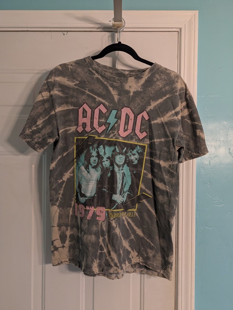 ACDC AC/DC Highway To Hell T Shirt Adult XL Tie Dye Metal Rock Black Bleach Wash
