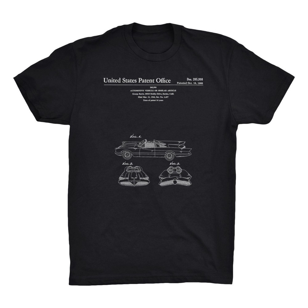 Batmobile Patent T-Shirt. Batman Tee Comfy on Black White or Gray. Premium. NEW