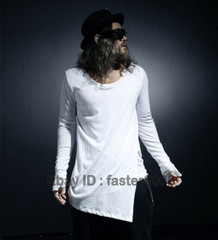 Mens Asymmetrical Hem Long Sleeve Shirt Top Mid Long T Shirts Punk Gothic S-3XL