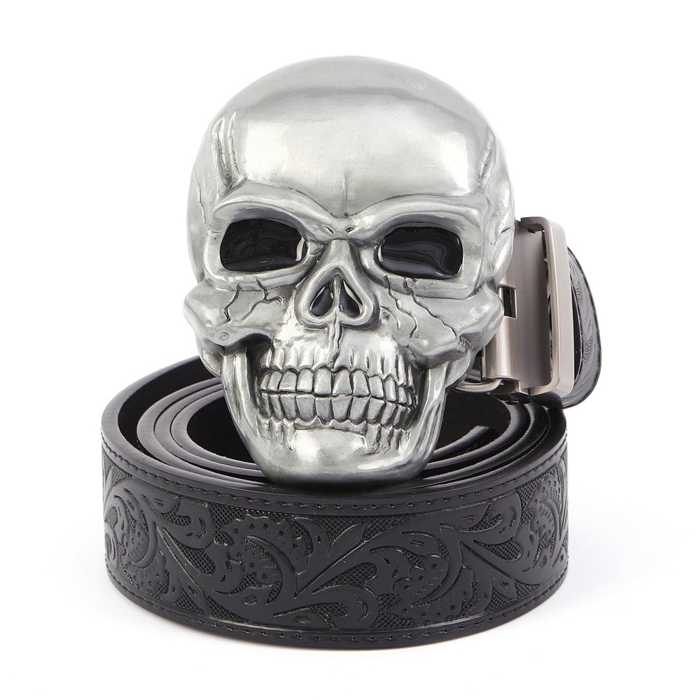 Men’s Skull Head Buckle Leather Belt Waist Band, Jeans Decorative Punk Belt (…