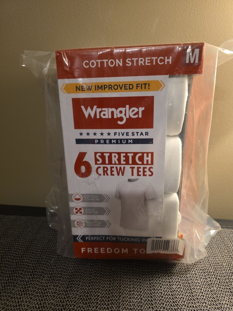 Wrangler 6 Stretch Crew Tees, Medium Size, Cotton Stretch, New