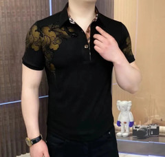New Men Luxury Diamond Rhinestones Fashion Black Polo T-Shirt High Quality