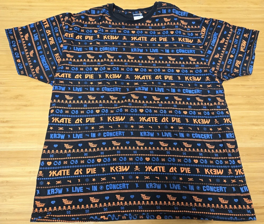 KR3W Shirt Mens Large Black Blue Orange All Over Print Skate Or Die Graphic Tee