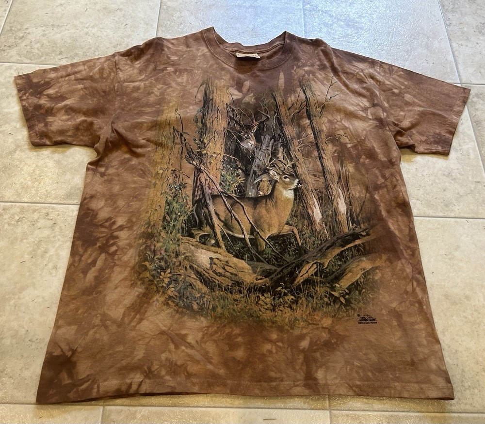 Men’s Brown T-Shirt Size XL The Mountain 2004 Deer Woods Buck All Over Vintage