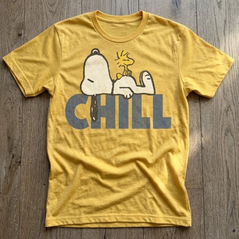 Peanuts Snoopy Woodstock Vintage Graphic Tee Yellow Mens Cotton T-Shirt