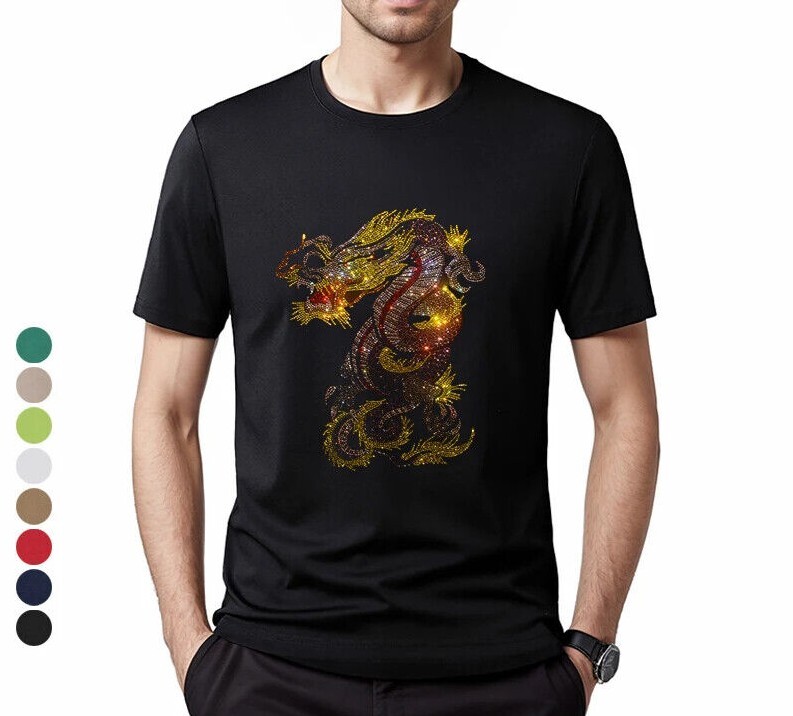 Fashion Trend Dragon Hot Diamonds Rhinestones Black Summer Luxury Men T-Shirt
