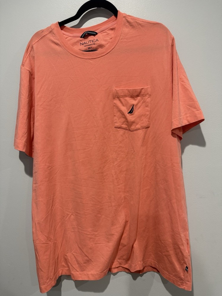 Nautica T-Shirt Men’s 2XLT Coral Orange Front Pocket Active Stretch 95/5 Blend