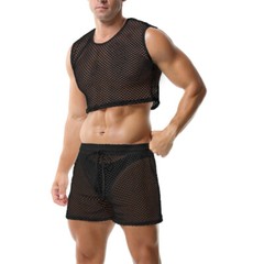 Men 2 Piece Set Fishnet Crop Tops Mesh See-Through Vests Undershirts With Shorts