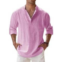MENS LINEN COTTON HENLEY LONG SLEEVE BREATHABLE CASUAL BEACHWEAR SHIRT