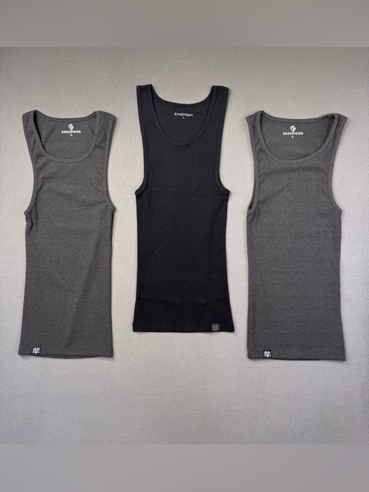 EKKOVISION Lot of 3, Men’s Ribbed Tank Top Beaters – 1 Black, 2 Gray, Size L