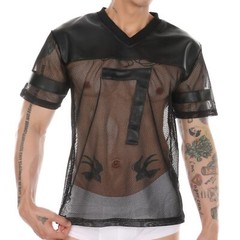 Men’s Short Sleeve Black Mesh Sheer T-shirt Transparent Fishnet Stripe Tee Tops