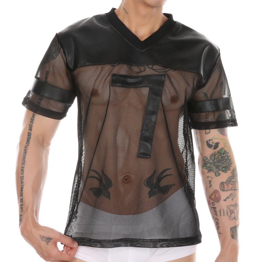 Men’s Transparent Fishnet Stripe Tee Tops Short Sleeve Black Mesh Sheer T-shirt