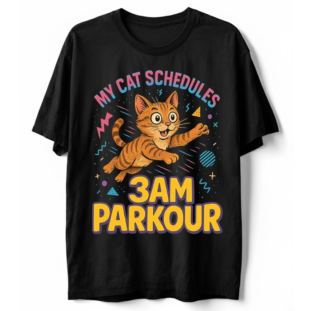 Cat Parkour 3AM T-Shirt Funny Cat Meme Schedule Midnight Humor Sarcastic Tee