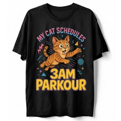 Cat Parkour 3AM T-Shirt Funny Cat Meme Schedule Midnight Humor Sarcastic Tee