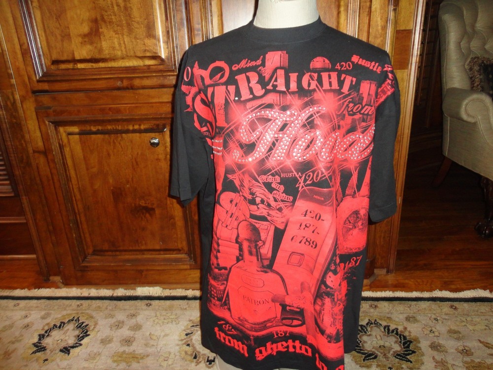 Black Straight Out of the HOOD Ghetto Heavy Cotton T Shirt Adult 2XL Big & Tall