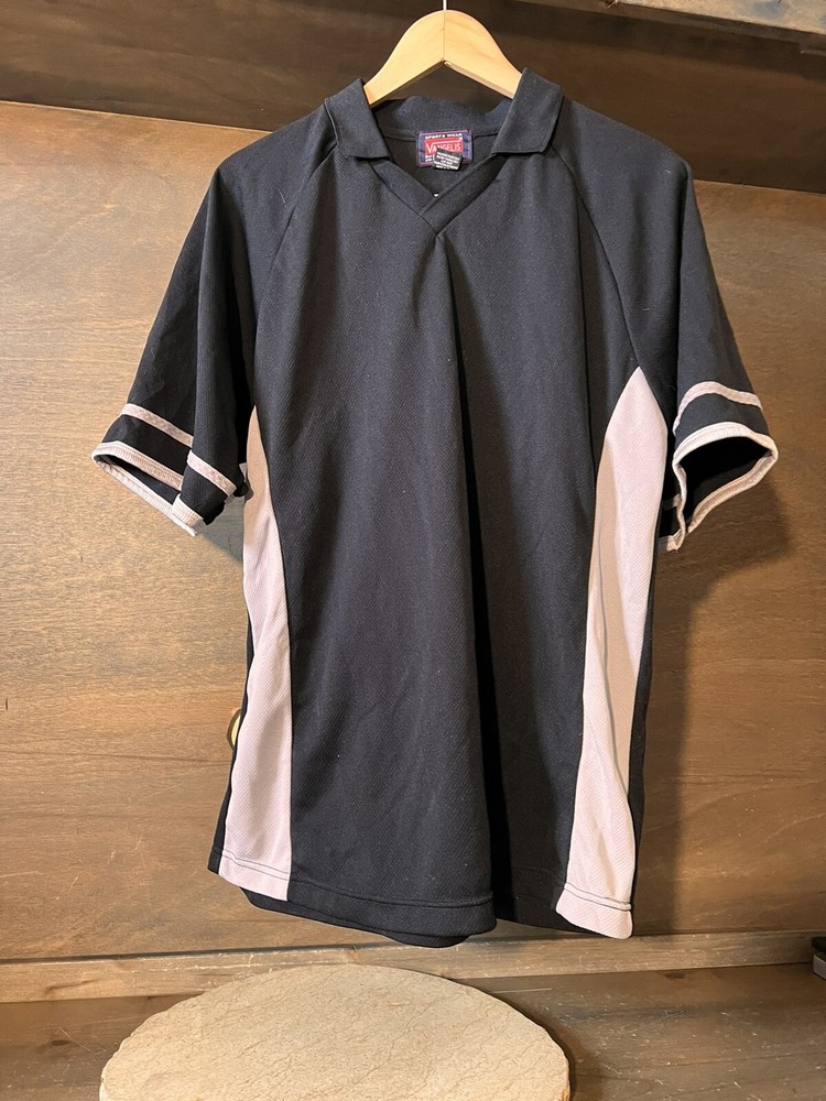 VANGELIS MENS V NECK BLACK PULLOVER SHIRT COLLAR EUC SIZE LARGE ILLUSION SIDES