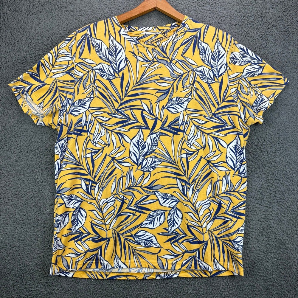 Aeropostale Mens XL T-Shirt Yellow Blue White Tropical Leaf Print Short Sleeve