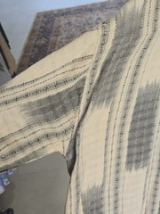 Men’s Striped Woven Lace-Up Short Sleeve T-Shirt Gray White Cotton Pocket Beads
