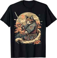 Japanese Art Cat Ninja Anime Samurai Cat T-Shirt, S-5XL, Made in US