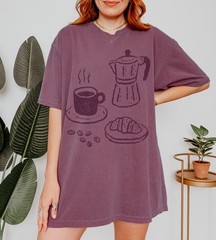 Coffee and Croissant Graphic Tee Hand-Drawn Sketch Art