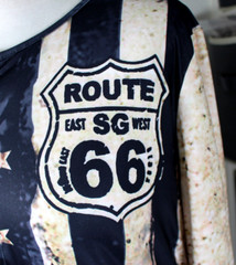 Route 66 Mens Shirt Large Henley Flag USA Blue Brown Button Easy Care