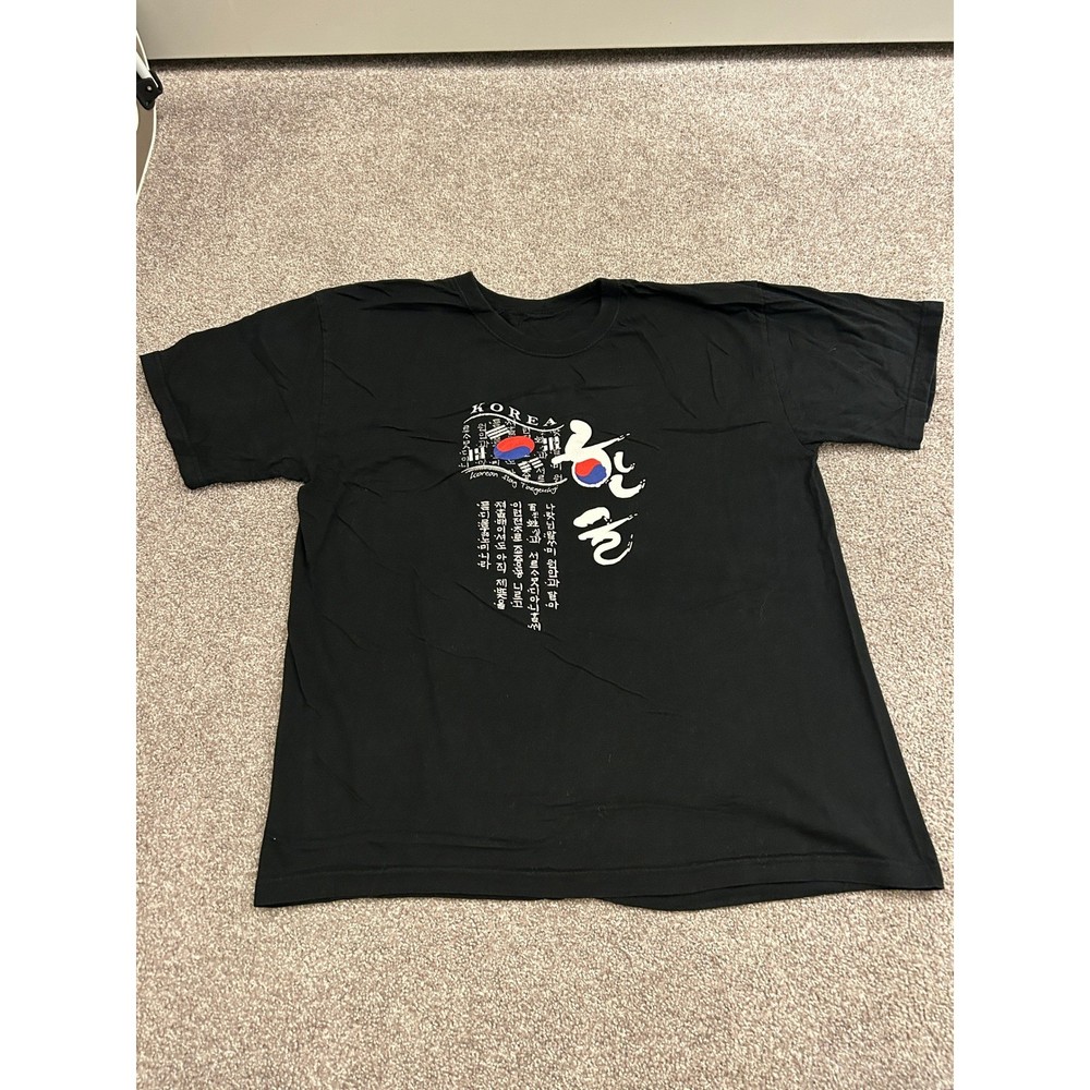 Vintage Korea Graphic T-Shirt Mens L Black Excellent Hangul Flag Souvenir Tee