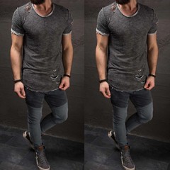 Hot Men’s Slim Fit O Neck Short Sleeve Muscle Tops T-shirt Ripped Casual Blouse