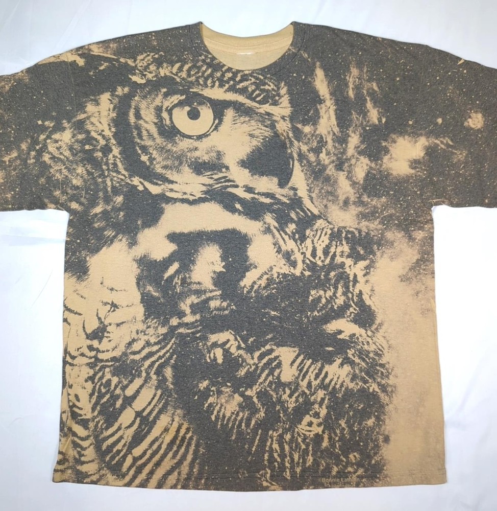 BONNIE LATHAM Vtg Wildlife Art OWL All Over Print AOP Graphic T-SHIRT Men’s L