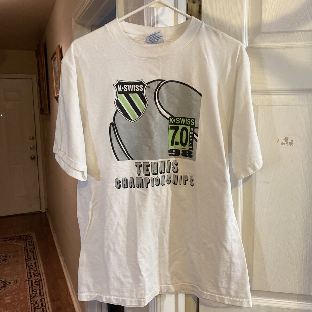 Vintage 98 K SWISS 7.0 Tennis T-Shirt Mens Large White Single Stitch Gamma
