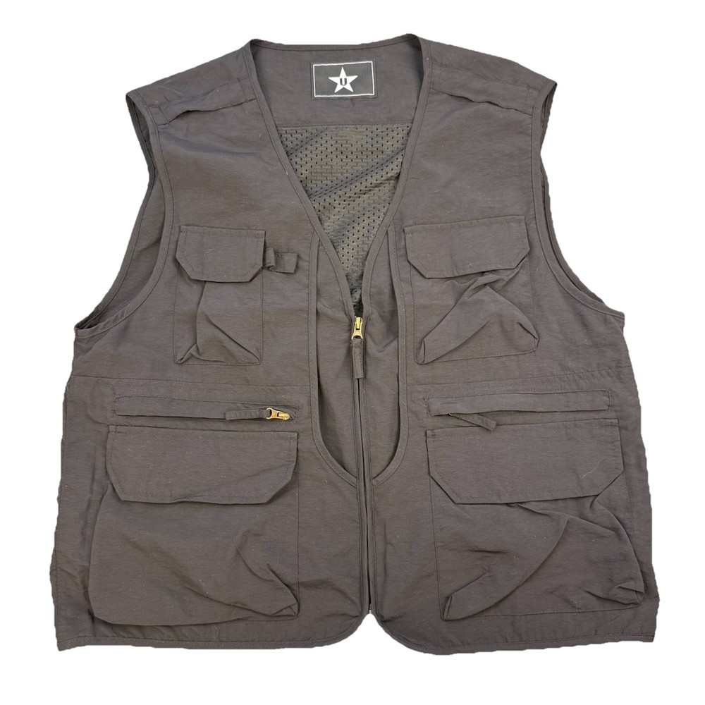 Mens Leisure Sports Multi Pocket Vest Fishing Outdoor Vest Solid Color Sz L