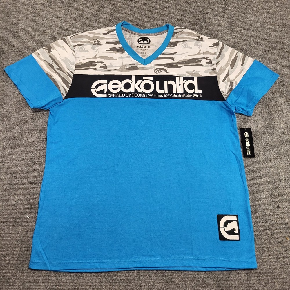 Ecko Unltd V-Neck Blue Atomic With Camo Men’s T-Shirt Size X-Large NWT