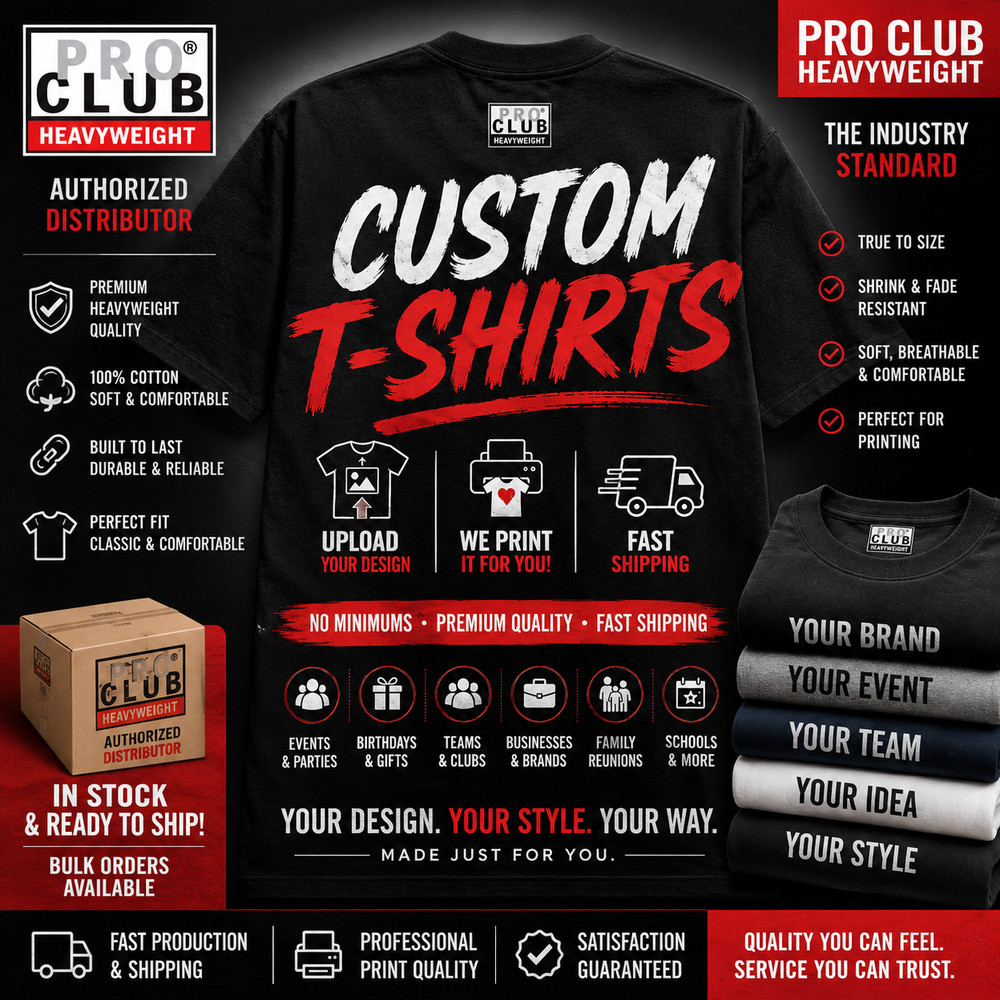10 Custom 7XL Pro Club Heavyweight Bundle Black Tee Shirts Customer Artwork
