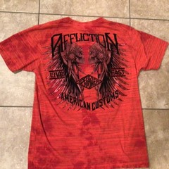 VTG Affliction Live Fast T Shirt Felt Graphic All Over Distressed L Made In USA