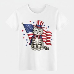 4th Of July Patriotic Tabby Cat Uncle Sam Hat Flag Unisex Summer Graphic T Shirt