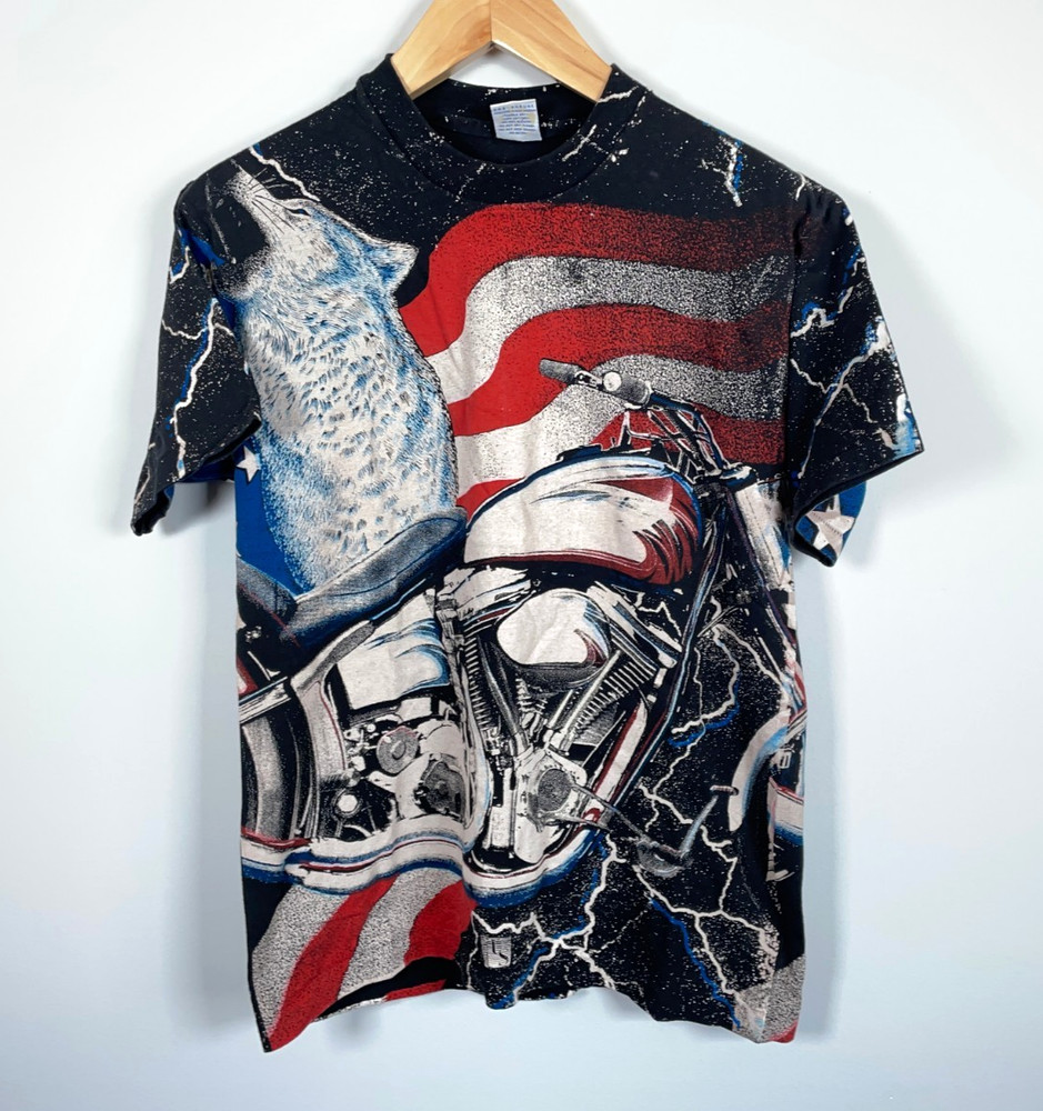 90s AOP Wolf Motorcycle American Flag T-Shirt Adult Medium Single Stitch 1994