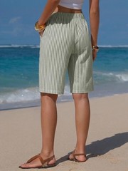 Women’s Faux Linen Striped Bermuda Shorts Casual Drawstring Elastic Waist Sum…