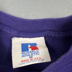 Vintage 90s Russell Athletic Embroidered Tshirt Purple Medium Single Stitch VTG