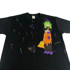 Vintage 90s Jerzees Halloween Witch Cat Shirt Large Black Applique 3D Puff Paint