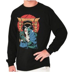 Traditional Geisha Split Face Skull Dragon Long Sleeve Tshirt for Men or Women