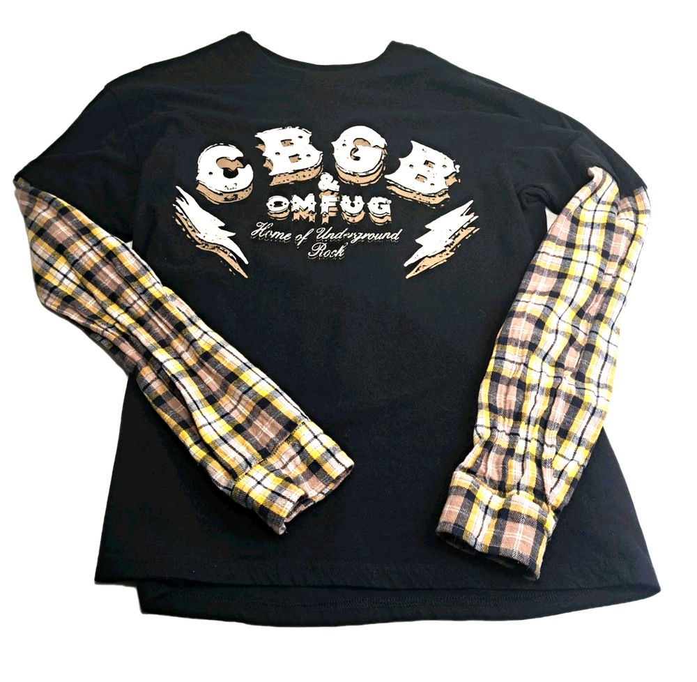CBGB & Omfug Flannel Sleeve T-shirt Small Unisex Goodie Two Sleeves Black